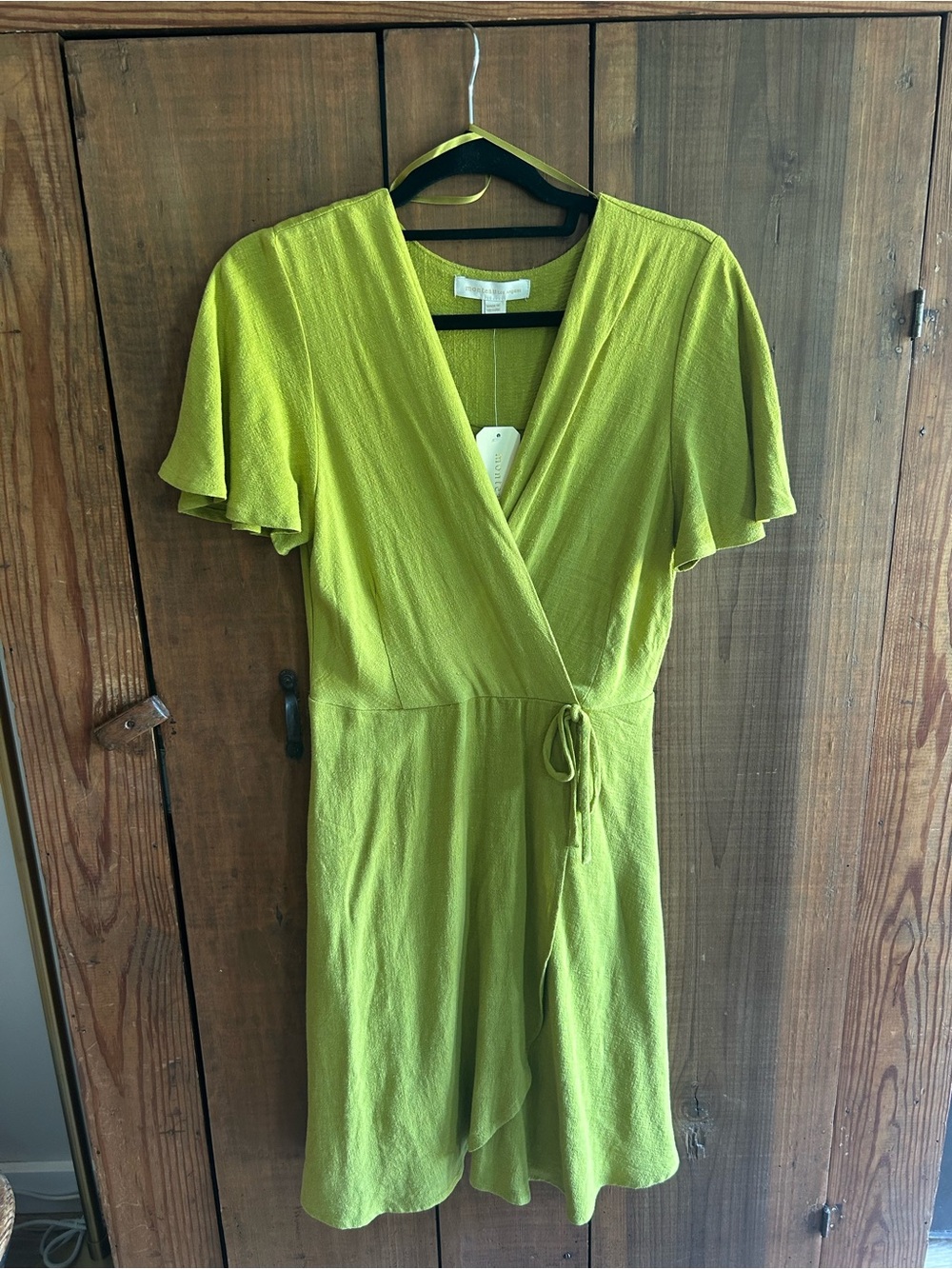 Monteau Lime Green Wrap Midi Dress with Flutter Sleeves